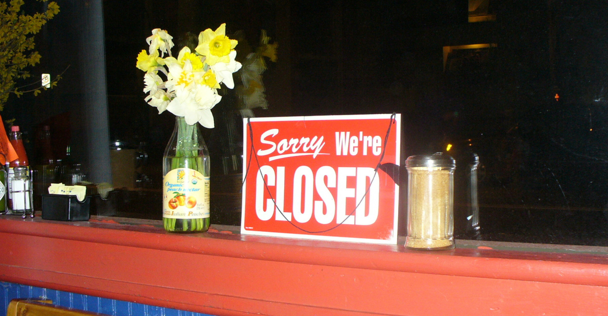 "Sorry We're Closed" sign at Little Grill Collective in Harrisonburg, Virginia during MACRoCk music festival.