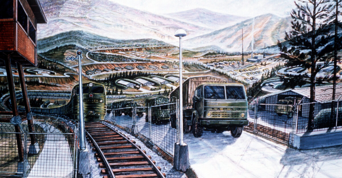 In this artist s conception a train and a convoy led by a KamAZ-5410 tractor truck rumble through an armament storage depot in a mountainous region of Eastern Europe In wartime the depot would be used to sustain Soviet forward ground force operations