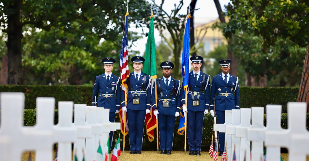 U S Air Force s Aviano Air Base Honor Guard members assemble after presenting the colors for the 81st Allied Forces Landing Ceremony in Anzio Italy Jan 22 2025 The memorial ceremony at the Sicily-Rome American Cemetery honored fallen service members who fought during the Italian campaign in World War II The event united military and civilian leaders from the United States and Italy to recognize their bravery and sacrifice U S Army photo by Maj Edward McBride