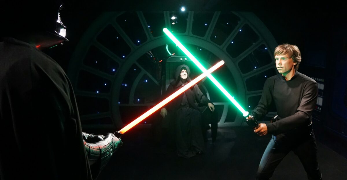 The fight of Luke Skywalker Darth Vader and The Emperor at Madame Tussauds