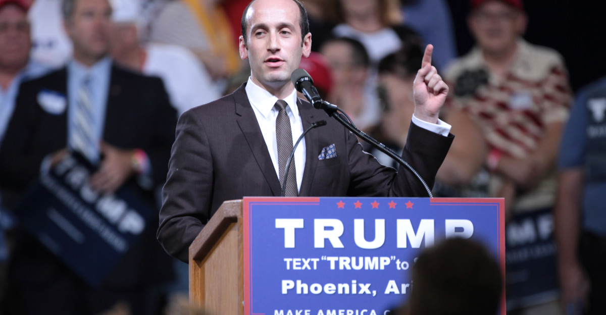 Stephen Miller speaking with supporters of Donald Trump at a rally at Veterans Memorial Coliseum at the Arizona State Fairgrounds in Phoenix Arizona Please attribute to Gage Skidmore if used elsewhere