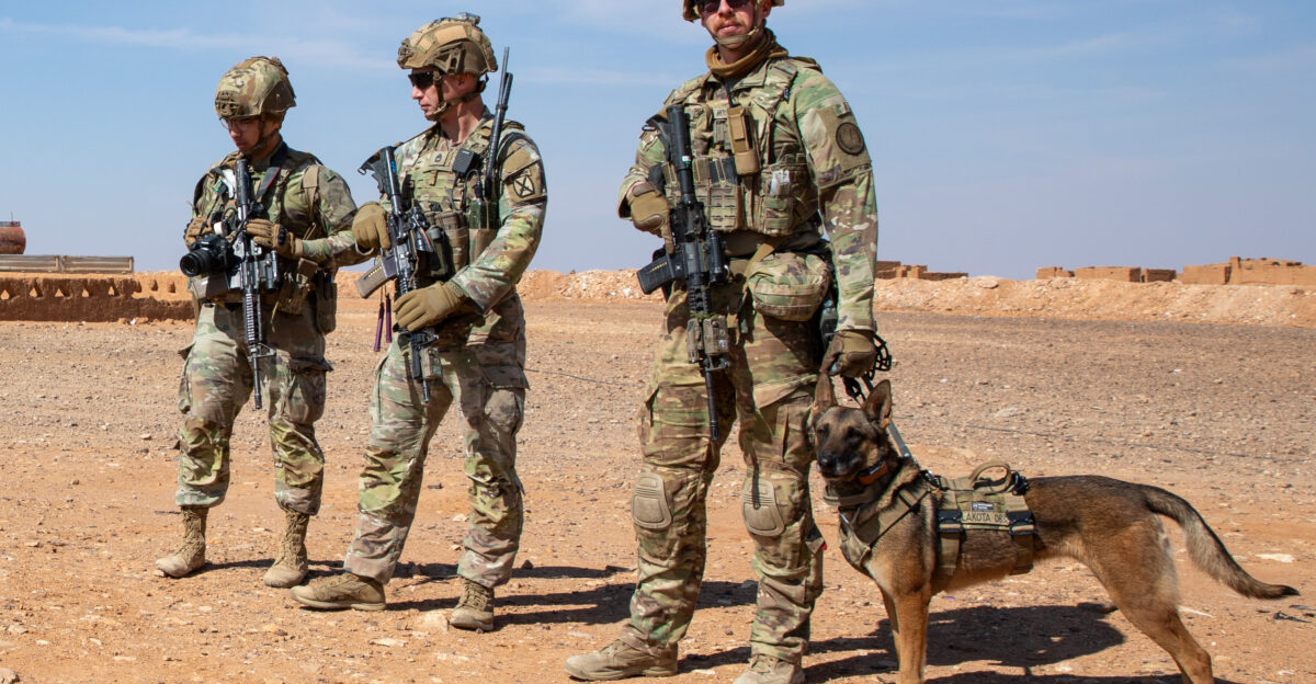 U S Army Soldiers and a Military Working Dog MWD assigned to the 10th Mountain Division Task Force Armadillo pull security outside the Rukban Hospital in the Deconfliction Zone Al-Tanf Syria on Feb 18 2025 The Soldiers and MWD were pulling security during a meeting between the Rukban Police and U S Army Forces The Coalition will continue to work with Syrian partner forces to promote the safety and security of civilians and partner forces U S Army photo by Sgt Trenton Pallone
