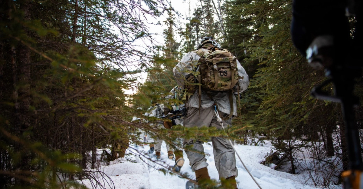 U S Soldiers assigned to 1st Battalion 5th Infantry Regiment 1st Infantry Brigade Combat Team 11th Airborne Division carry equipment through a forest during Joint Pacific Multinational Readiness Center 24-02 at Donnelly Training Area Alaska Feb 17 2024 JPMRC 24-02 is held in the coldest part of the Alaskan winter exposing roughly 10 000 joint multi-national service members to unforgiving conditions transferring the division s expertise in the Arctic in support of the Army the DoD and the Nation s Arctic and Defense Strategies U S Army photo by Pfc Elijah Maga a Date Taken 02 17 2024 Date Posted 02 23 2024 16 29 Photo ID 8247746 VIRIN 240217-A-VC863-1060 Resolution 6720x4480 Size 21 86 MB Location DELTA JUNCTION ALASKA US