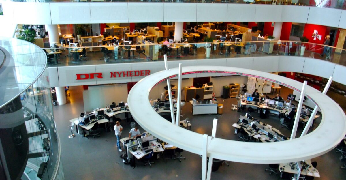 News room at the Danish Broadcasting Corporation where journalists work to produce news to web TV and radio