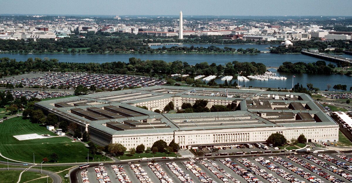 The Pentagon looking northeast with the Potomac River and Washington Monument in the distance The Tidal Basin is seen just below the Washington Monument The marina which is visible is in Pentagon Lagoon which is part of the Boundary Channel of the Potomac River Trees border the Boundary Channel and exist both on the Virginia shoreline and on Columbia Island an island in the Potomac River