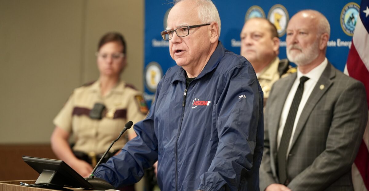 Tim Walz at a 2025 press conference in Minnesota U S