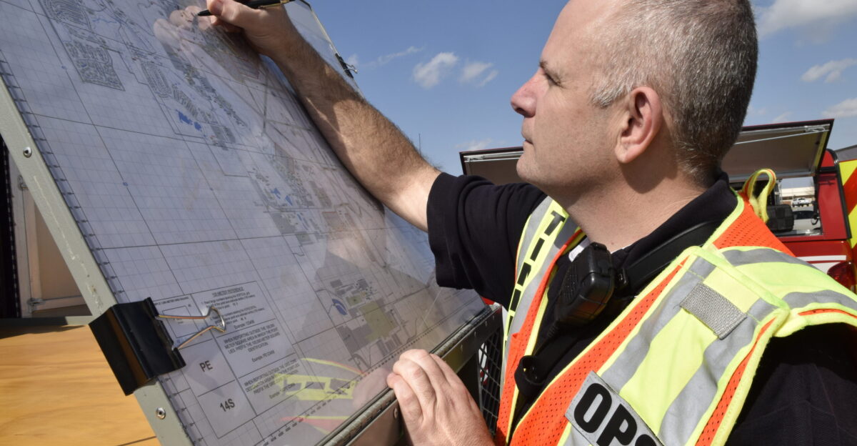 Clifton Nance 72nd Civil Engineer incident operations chief writes notes on a base map during the War Wagon 17-01 natural disaster preparedness exercise and tornado drill Feb 27 2017 Tinker Air Force Base Oklahoma Due to the frequent occurance of tornados and damaging weather in the region Tinker AFB regularly holds exercises to ensure appropriate responses by the population and emergency crews U S Air Force photo Greg L Davis Unit 72nd Air Base Wing Public Affairs DVIDS Tags Oklahoma City Tinker Air Force Base Oklahoma exercise Air Force Material Command AFSC 2017 Air Force Sustainment Center Oklahoma City Air Logistics Complex distaster preparedness OC-ALC 72nd Air Base Wing Tinker75 tornado drill