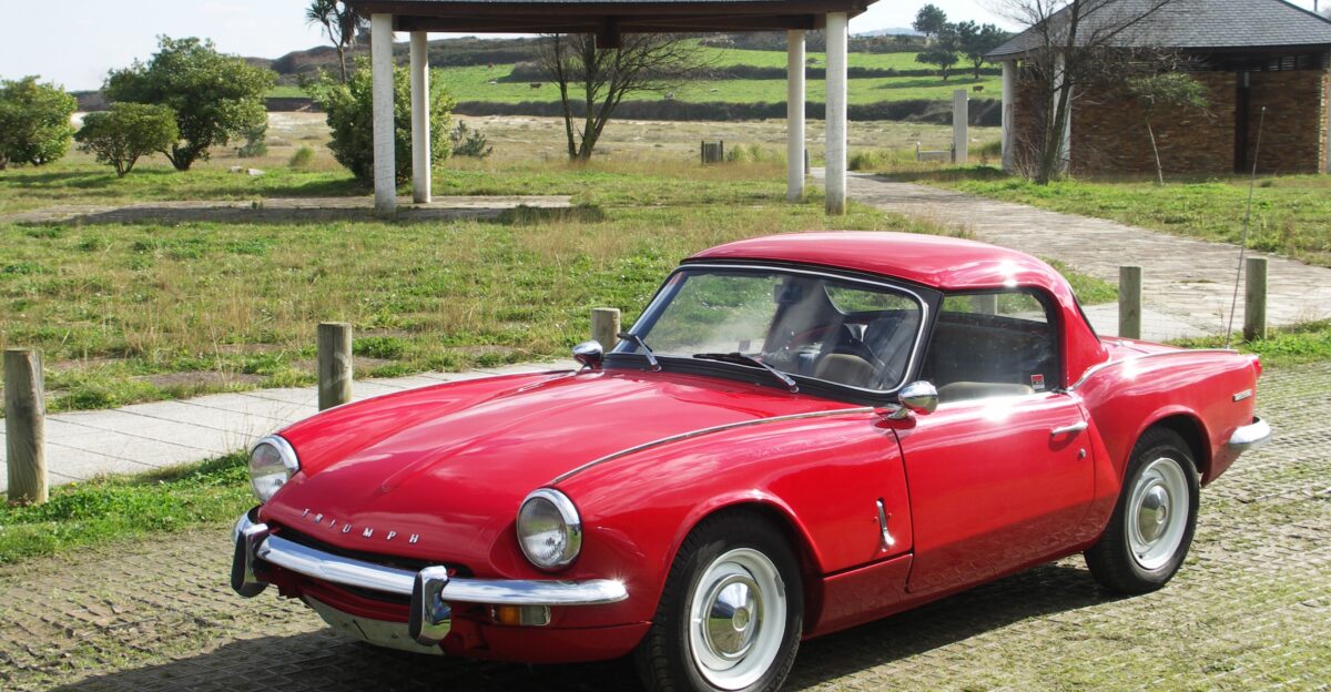 Front view of Triumph Spitfire MK3 with winter steel hardtop late series from FD 75 000 1970 car with windshield frame black 4 5 wheels