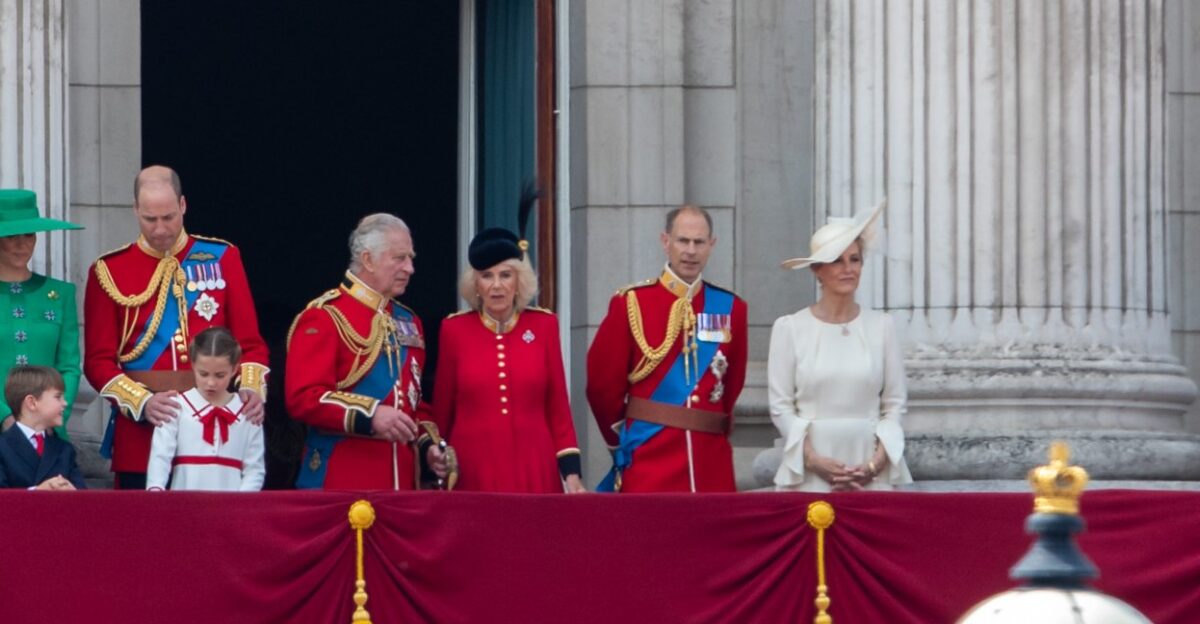 Trooping the Colour 2023 - On the royal balcony from left to right watching the flypast Vice Admiral Sir Timothy Laurence Anne Princess Royal Prince George of Wales Catherine Princess of Wales Prince Louis of Wales William Prince of Wales Princess Charlotte of Wales King Charles III Queen Camilla Prince Edward Duke of Edinburgh Sophie Duchess of Edinburgh Prince Edward Duke of Kent Birgitte Duchess of Gloucester and Prince Richard Duke of Gloucester