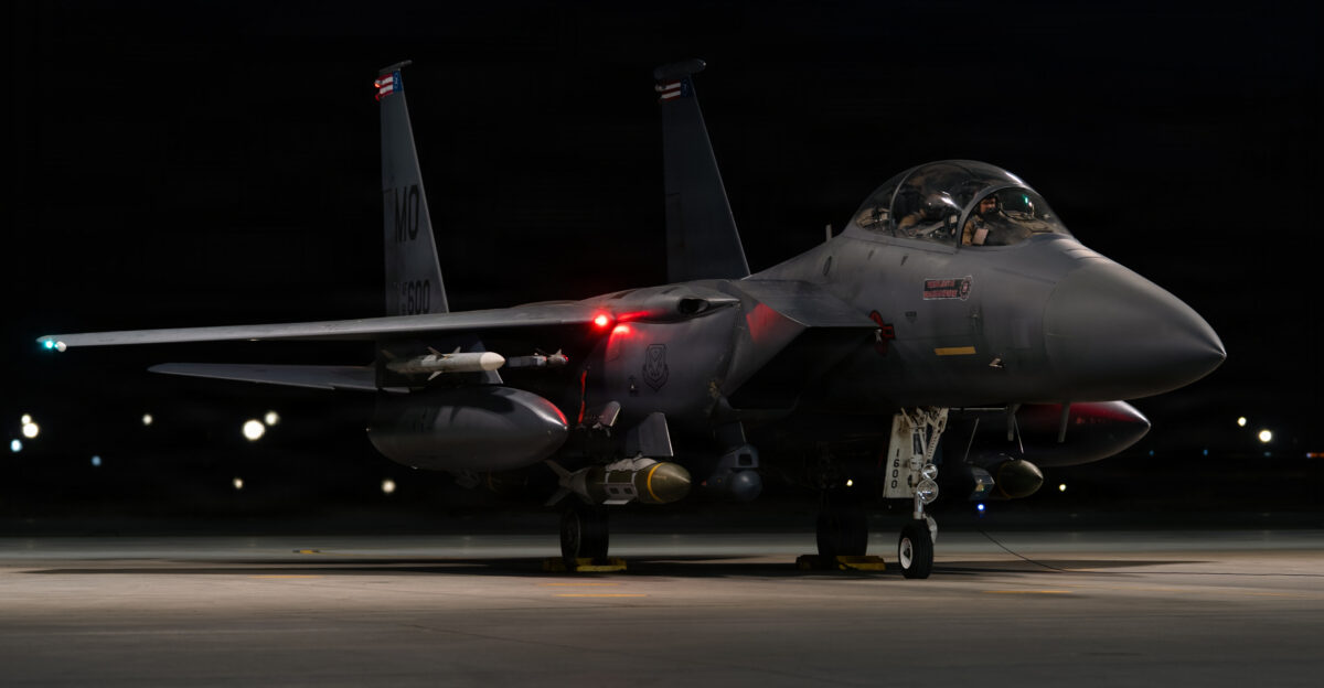 U S CENTRAL COMMAND AREA OF RESPONSIBILITY Jan 10 2026 A U S Air Force F-15E Strike Eagle taxis at a base in the U S Central Command area of responsibility in support of Operation Hawkeye Strike Jan 10 2026 U S Air Force photo
