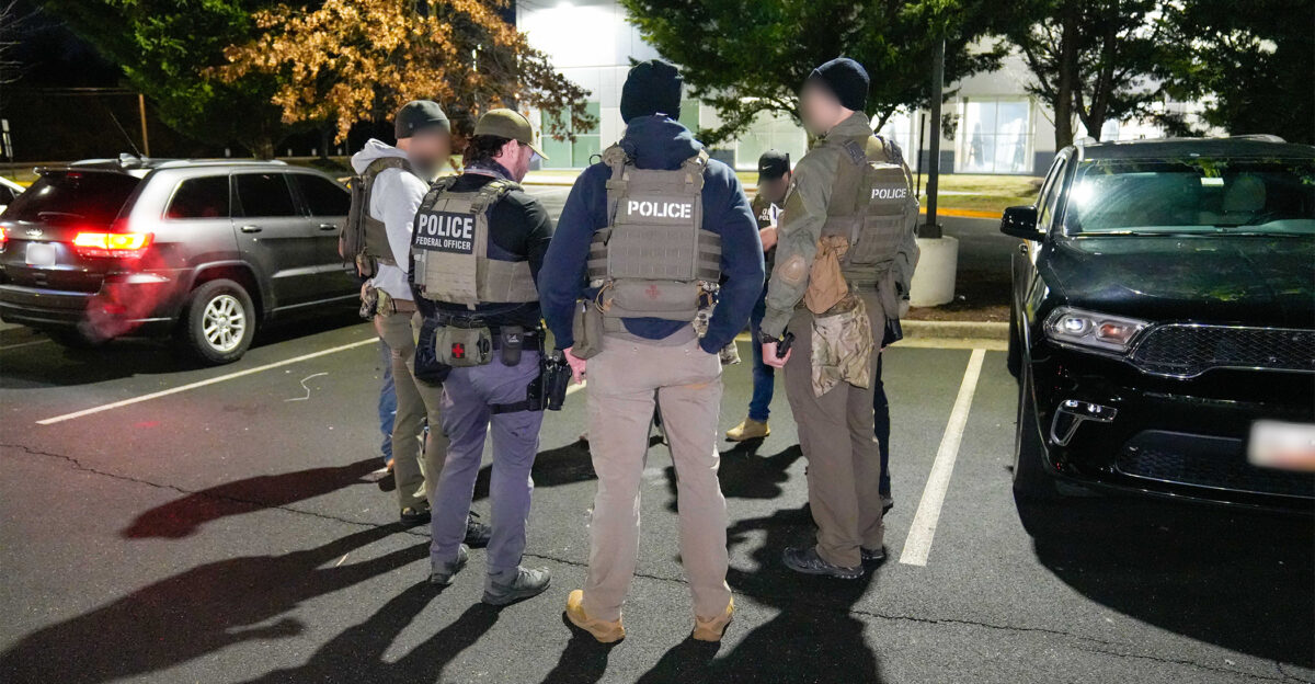 Federal law enforcement officials conduct a pre-operational briefing in a Washington D C -area parking lot Feb 4 This enhanced immigration enforcement operation involved cooperation between U S Immigration and Customs Enforcement and its federal law enforcement partners with the Drug Enforcement Administration