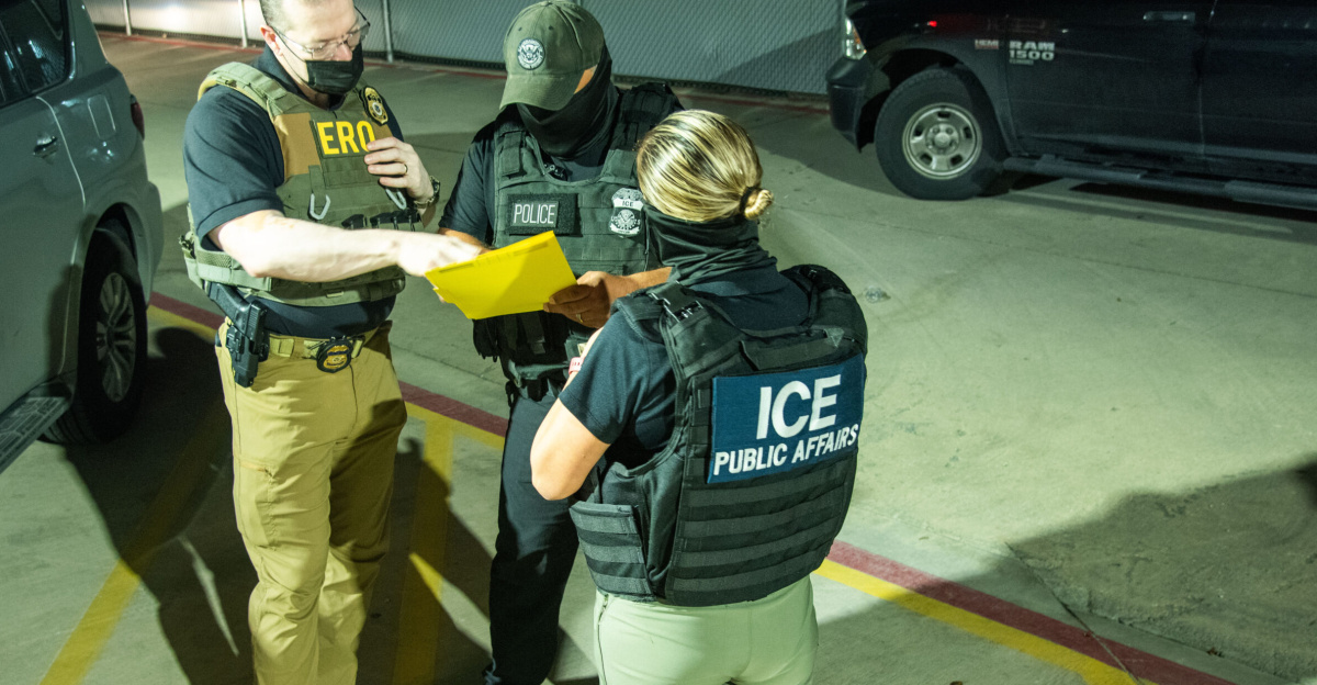 ICE officials review information before an enforcement operation in San Antonio Feb. 5.