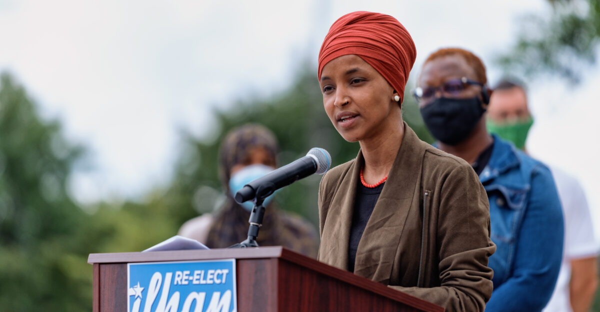 Rep Ilhan Omar speaks at a press conference outside the Minnesota DFL Party s St Paul Minn headquarters on August 5 2020 in the final days before the primary election in Minnesota s 5th Congressional District