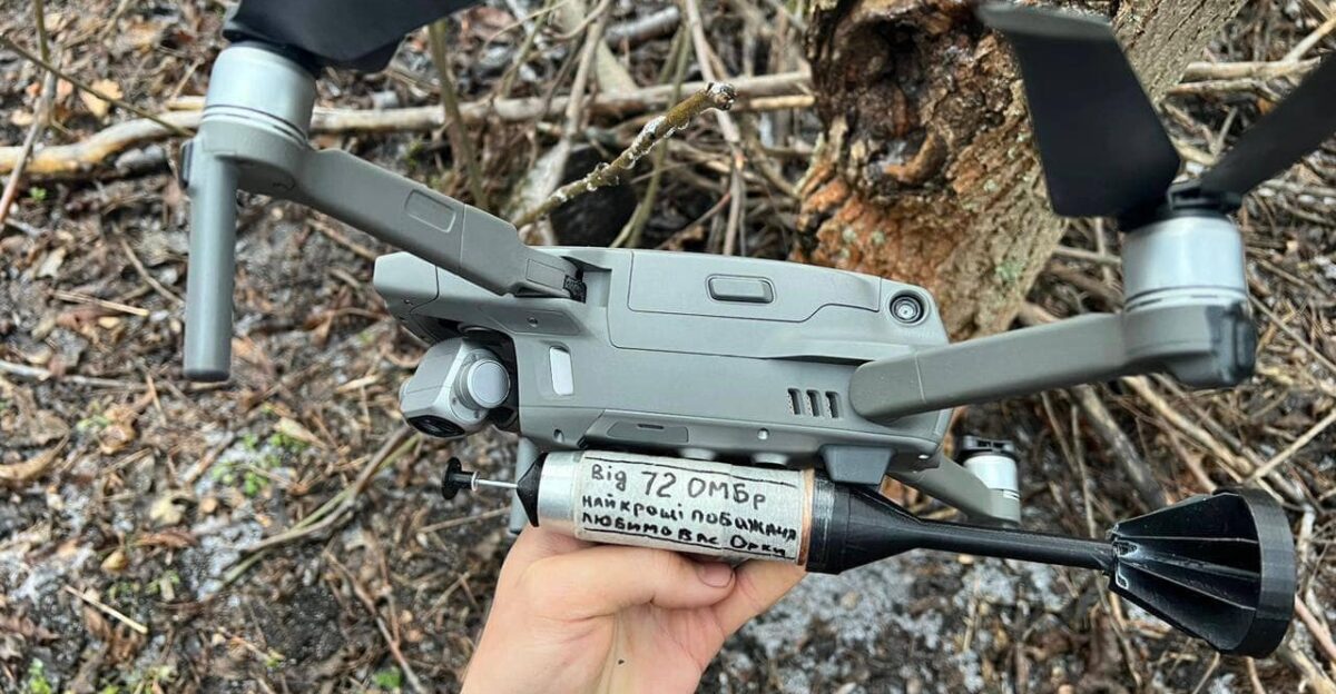 nd Black Zaporozhians Brigade showing their quadcopter-based bomber The inscription says From 72nd brigade best wishes love you orcs