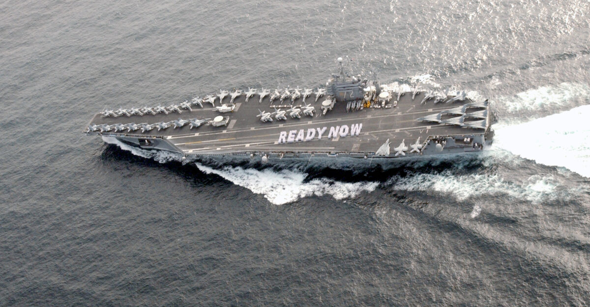 At sea aboard USS Abraham Lincoln CVN 72 Sep 11 2002 - In response to the President s message Be Ready USS Abraham Lincoln Sailors spell out READY NOW as the Lincoln Battle Group reports on station to conduct combat missions in support of Operation Enduring Freedom Lincoln and her embarked Carrier Air Wing Fourteen CVW 14 are currently deployed and will join the Washington Battle Group which is scheduled to return to it s homeport of Norfolk Va in the near future U S Navy photo by Photographer s Mate Airman Gabriel Piper RELEASED
