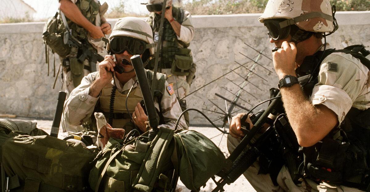 SSgt Boyd Bowling and Sgt Chris Crutchfield USAF Combat Camera Team conduct communication exercises on the airstrip at Mogadishu in support of UNOSOM II