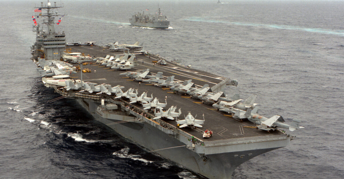 The U S Navy aircraft carrier USS Abraham Lincoln CVN-72 underway in the Pacific Ocean on 1 June 1991 Abraham Lincoln with assigned Carrier Air Wing 11 CVW-11 was deployed to the Western Pacific and the Indian Ocean from 28 May to 25 November 1991 The replenishment oiler USS Roanoke AOR-7 is visible at right
