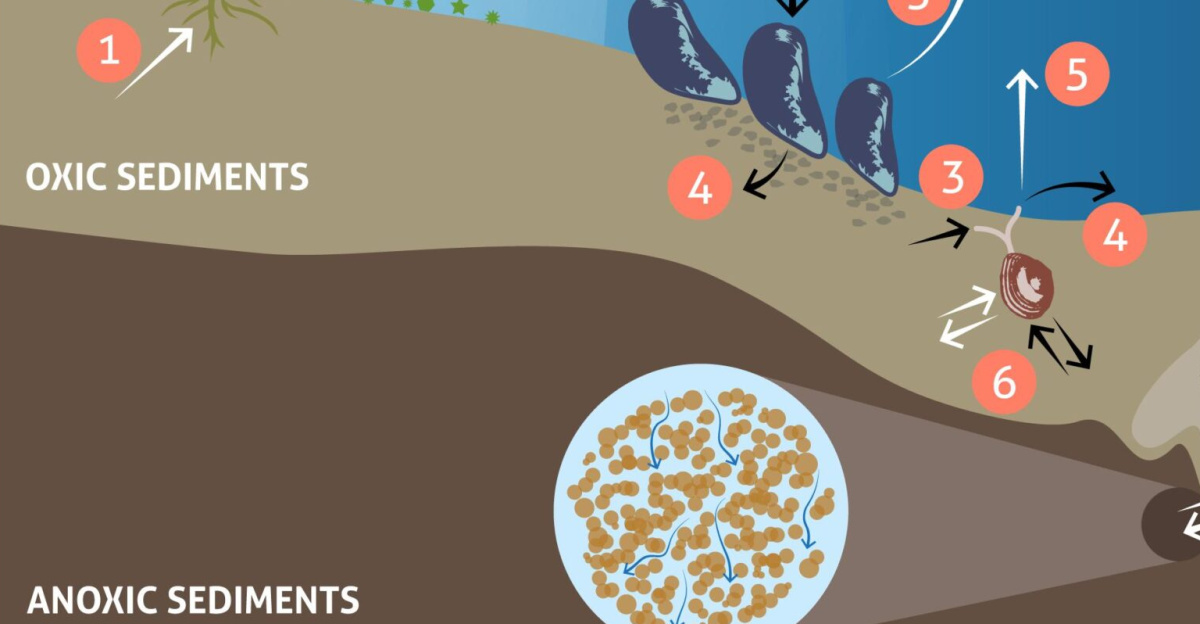 Major processes related to vegetation and fauna controlling benthic biogeochemical fluxes<br>
White arrows: solute fluxes, black arrows: particulate fluxes. Primary production: nutrient and CO2 uptake and oxygen release (1), enhanced sedimentation and sediment stabilization by benthic primary producers (2), food uptake (3), egestion/biodeposition of feces (4), nutrient excretion and respiration (5), and bioturbation, including bioirrigation (6) and mixing of sediments (7).