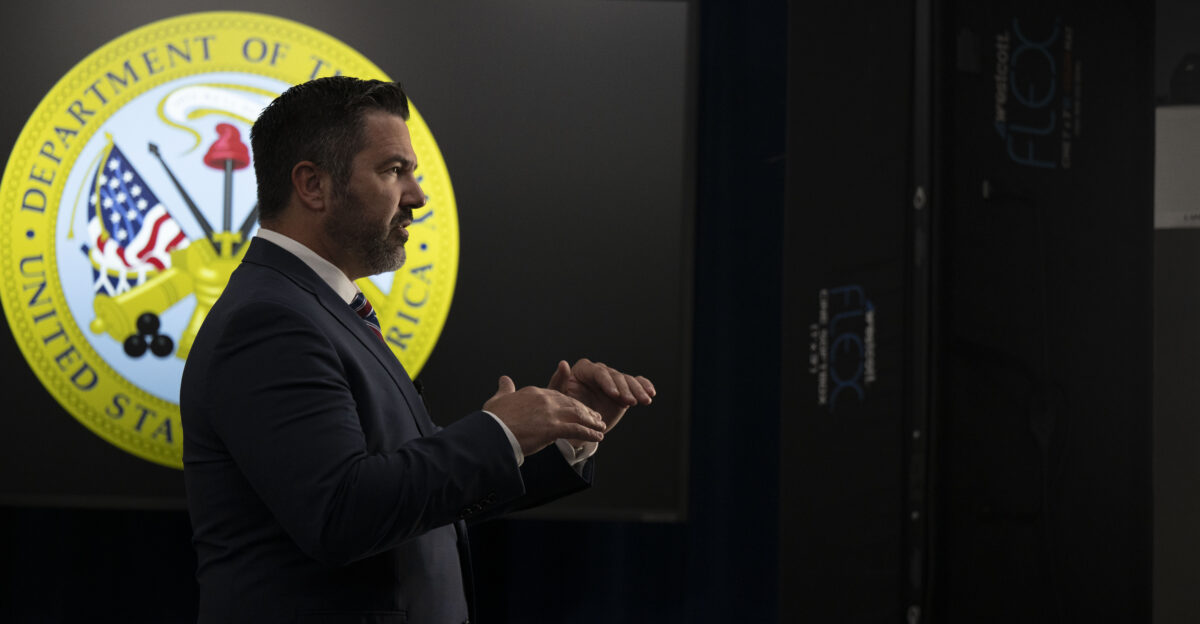 Assistant to the Secretary of Defense for Public Affairs and Senior Advisor Sean Parnell delivers recorded remarks at the Pentagon Washington D C July 10 2025 DoD photo by U S Navy Petty Officer 2nd Class Aiko Bongolan