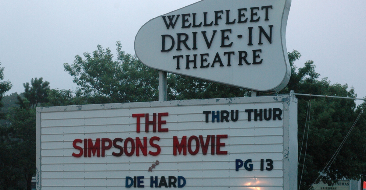 Wellfleet Drive-In Theatre sign, featuring The Simpsons Movie, Wellfleet, 2007