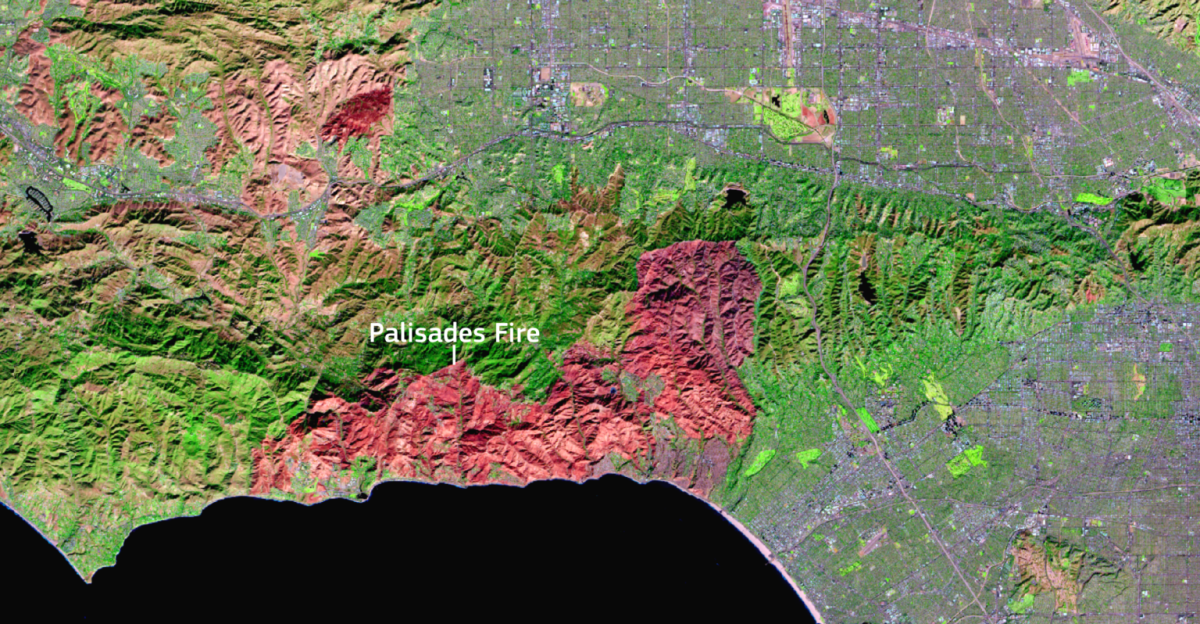 As of 13 January 2025, the three fires affecting Los Angeles, California since 7 January continue to burn, spurred on by strong winds. The fires have been deemed among the most destructive in the city’s history, claiming at least 24 lives. The largest fire, in the Palisades neighbourhood, has burnt over 9,000 hectares and destroyed around 5,300 structures. Throughout Los Angeles, over 12,000 structures have been destroyed by the blazes, with 105,000 people under evacuation orders and an additional 87,000 people facing evacuation warnings. This Copernicus Sentinel-2 image, acquired on 12 January 2025, shows the burn scars of the three wildfires affecting Los Angeles. Open data from the Copernicus Sentinel satellites is an essential resource for tracking global wildfires, helping to assess their impacts on affected communities.