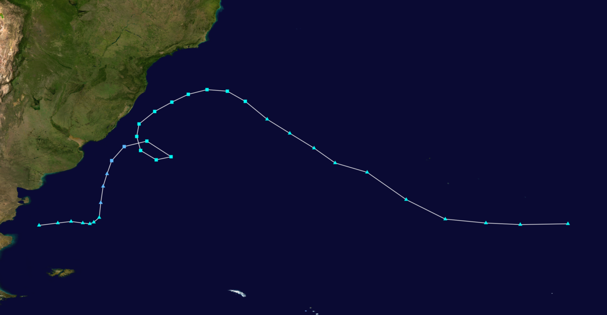 Track map of Subtropical Storm Yakecan of the South Atlantic tropical cyclone The points show the location of the storm at 6-hour intervals The colour represents the storm s maximum sustained wind speeds as classified in the see below and the shape of the data points represent the nature of the storm according to the legend below Saffir-Simpson scale mw-parser-output div-col margin-top 3em column-width 30em mw-parser-output div-col-small font-size 90 mw-parser-output div-col-rules column-rule thin solid var -border-color-base mw-parser-output div-col dl mw-parser-output div-col ol mw-parser-output div-col ul margin-top 0 mw-parser-output div-col li mw-parser-output div-col dd page-break-inside avoid break-inside avoid-column Tropical depression 38 mph 62 km h Tropical storm 39-73 mph 63-118 km h Category 1 74-95 mph 119-153 km h Category 2 96-110 mph 154-177 km h Category 3 111-129 mph 178-208 km h Category 4 130-156 mph 209-251 km h Category 5 157 mph 252 km h Unknown Storm type Tropical cyclone Subtropical cyclone Extratropical cyclone Remnant low Tropical disturbance Monsoon depression