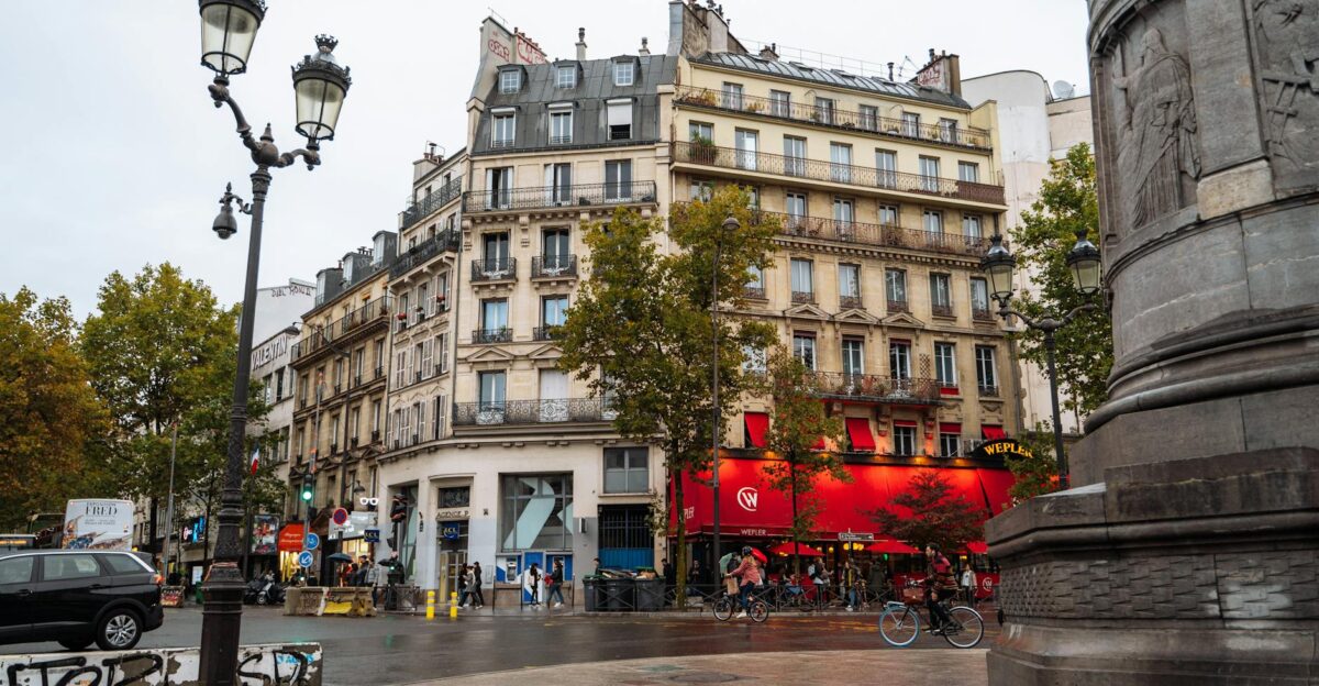 Vibrant urban scene in Montmartre Paris showcasing classic architecture and bustling street life
